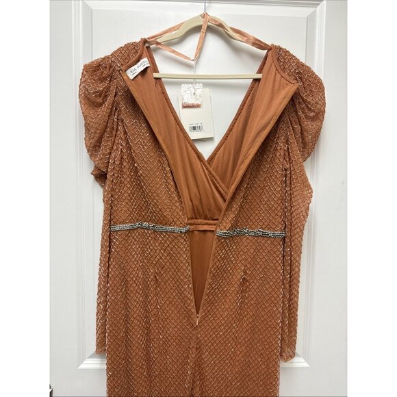Mac Duggal Size 14 Orange Beaded Wrap Over Puff Sleeve Midi Dress Rhinestone NWT - Picture 8 of 10